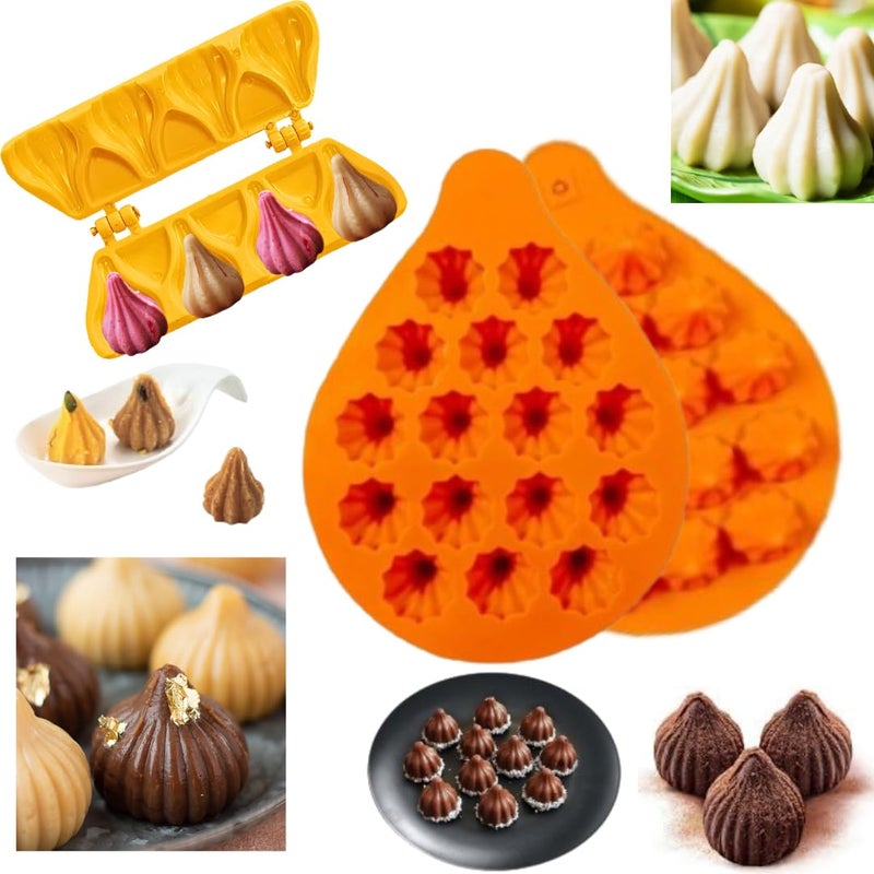 LEGACYCART 16 Cavity Silicone Modak Mould and 4 Cavity Plastic Sancha Patti Modak Maker for Making Chocolate Cake Cupcake Decoration MODAK for Ganpati Bappa Ganesh Chaturthi Festival Pack of 2 - Image 1