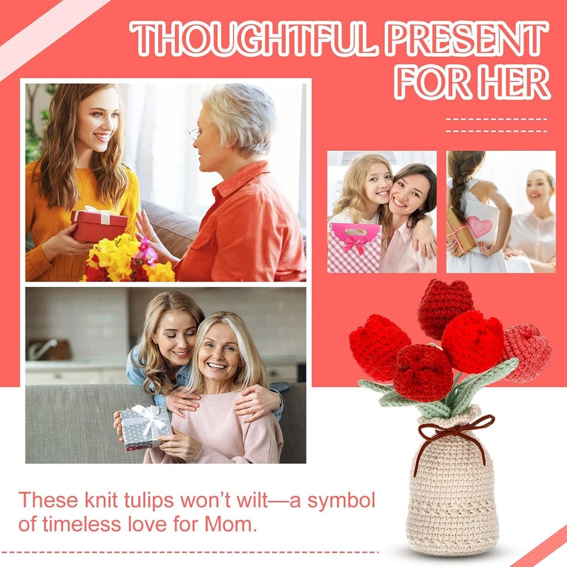 Marsui Crochet Knitting Tulip Bouquets with Vase 7 Inch Knitted Artificial Forever Tulip Hand Woven Flower with Exquisite Pot for Women Birthday Gifts Family Home Office Decor(Red) - Image 5