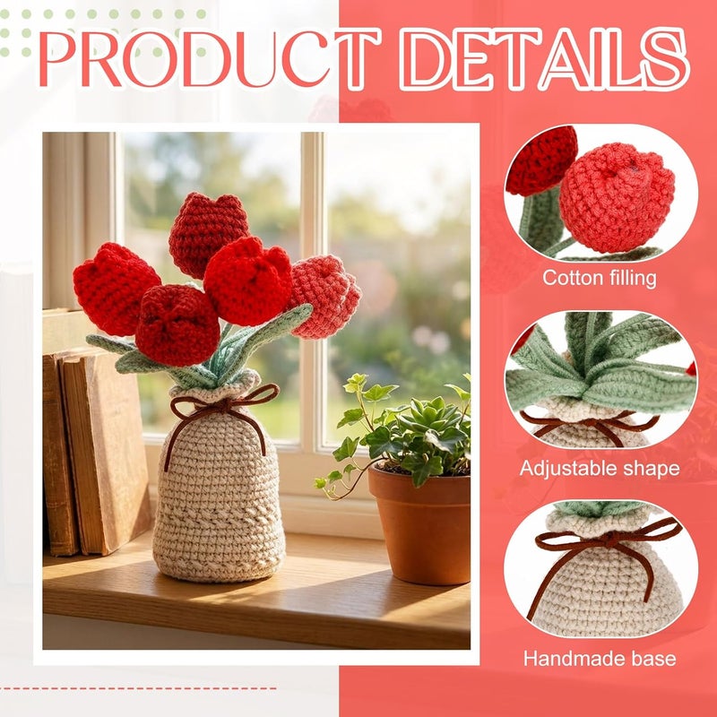 Marsui Crochet Knitting Tulip Bouquets with Vase 7 Inch Knitted Artificial Forever Tulip Hand Woven Flower with Exquisite Pot for Women Birthday Gifts Family Home Office Decor(Red) - Image 2