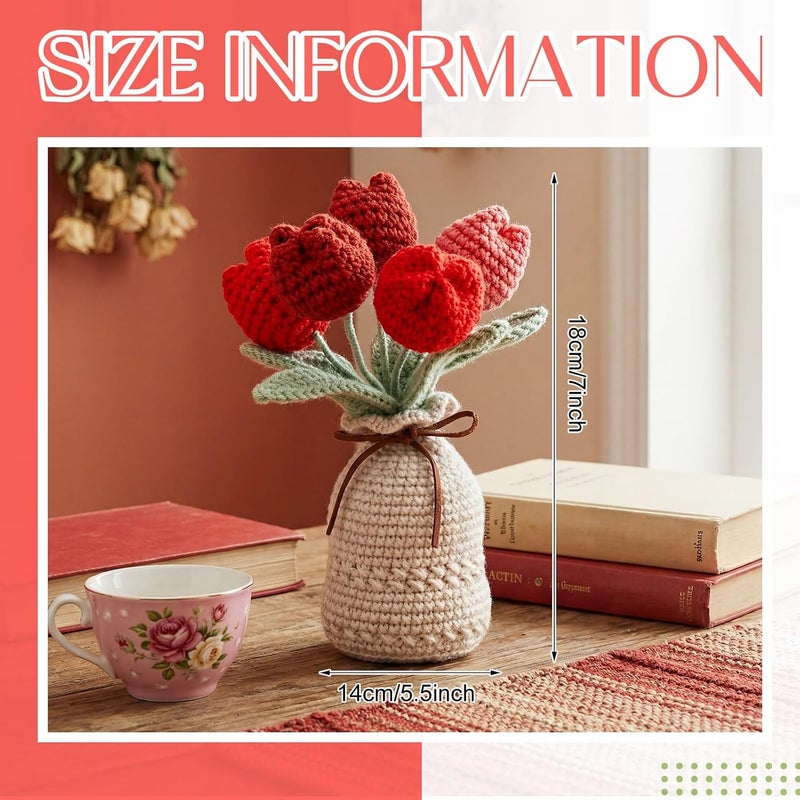 Marsui Crochet Knitting Tulip Bouquets with Vase 7 Inch Knitted Artificial Forever Tulip Hand Woven Flower with Exquisite Pot for Women Birthday Gifts Family Home Office Decor(Red) - Image 3