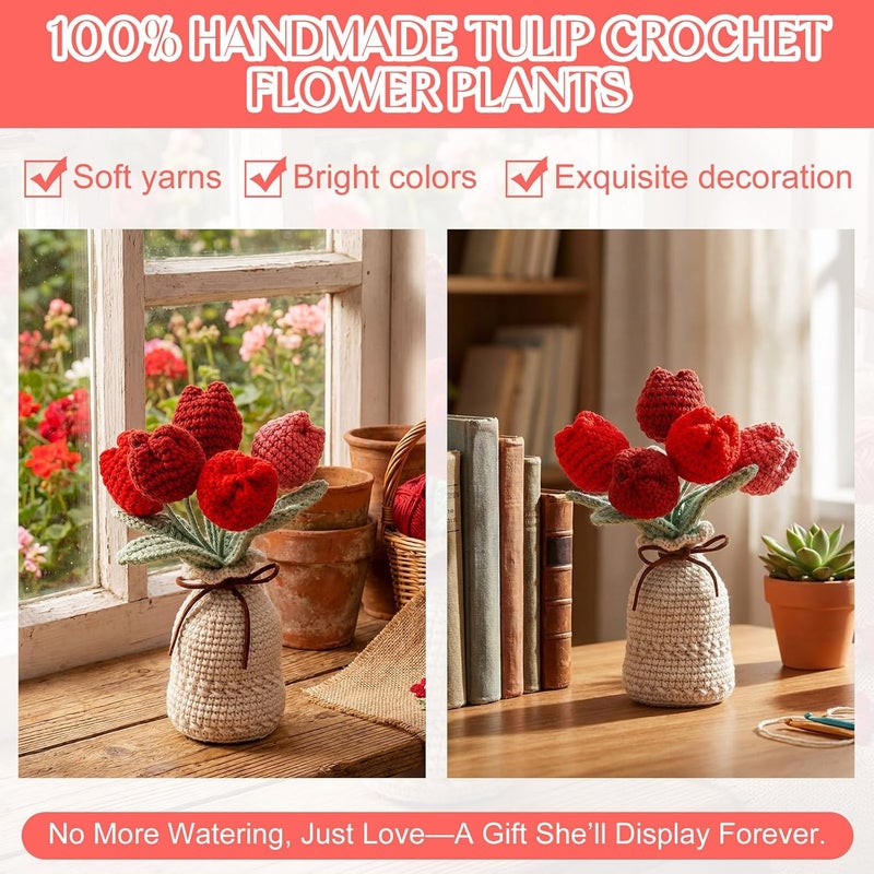 Marsui Crochet Knitting Tulip Bouquets with Vase 7 Inch Knitted Artificial Forever Tulip Hand Woven Flower with Exquisite Pot for Women Birthday Gifts Family Home Office Decor(Red) - Image 4