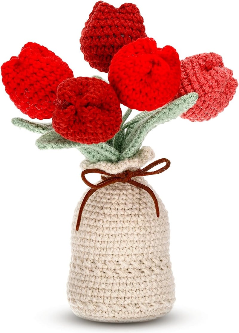 Marsui Crochet Knitting Tulip Bouquets with Vase 7 Inch Knitted Artificial Forever Tulip Hand Woven Flower with Exquisite Pot for Women Birthday Gifts Family Home Office Decor(Red) - Image 1