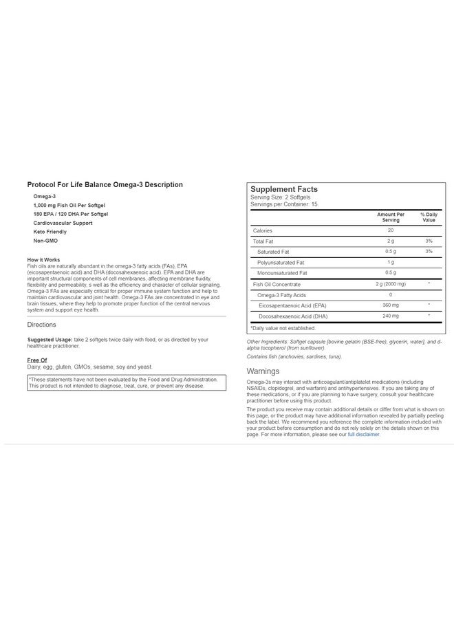 PROTOCOL FOR LIFE BALANCE - Ultra Omega-3 (180 EPA / 120 DHA) - 30 Softgels - Image 2