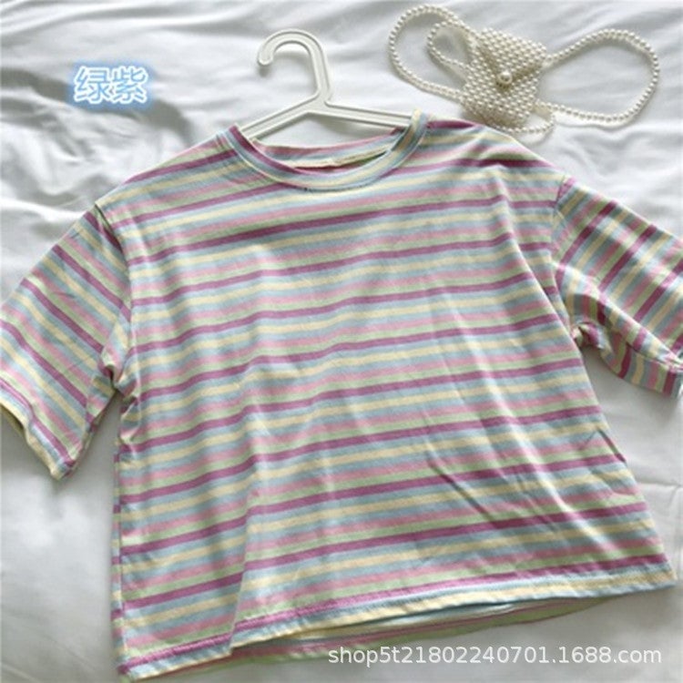 Rainbow Striped Short-sleeved T-shirt Womens 2020 Spring and Summer New Korean-style Loose Short Western-style All-match Internet Celebrity Top 335 Green purple stripe