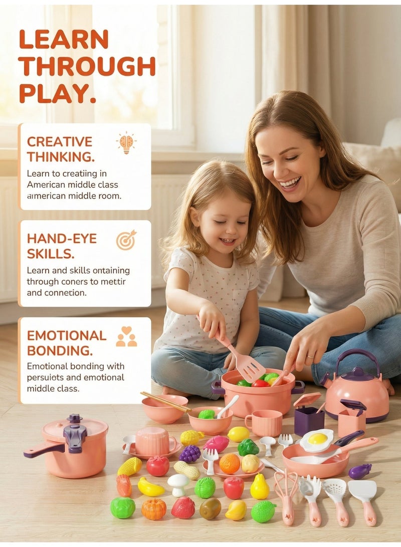 oasistrail 59-piece mini kitchen set simulates a real cooking experience – a complete toy chef set designed specifically for children and infants, featuring toys such as fruits, food, and kitchen utensils, combining educational and entertaining elements. Suitable for boys and girls, it’s an ideal gift for children’s kitchen games. - Image 2