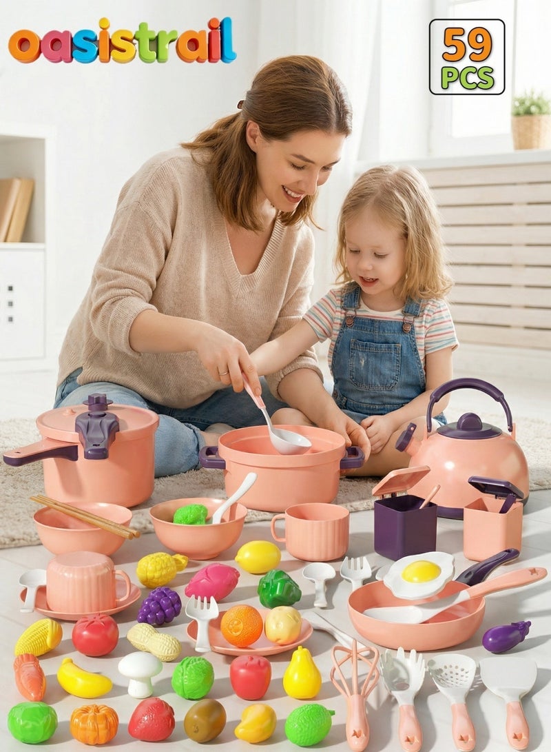 oasistrail 59-piece mini kitchen set simulates a real cooking experience – a complete toy chef set designed specifically for children and infants, featuring toys such as fruits, food, and kitchen utensils, combining educational and entertaining elements. Suitable for boys and girls, it’s an ideal gift for children’s kitchen games. - Image 1
