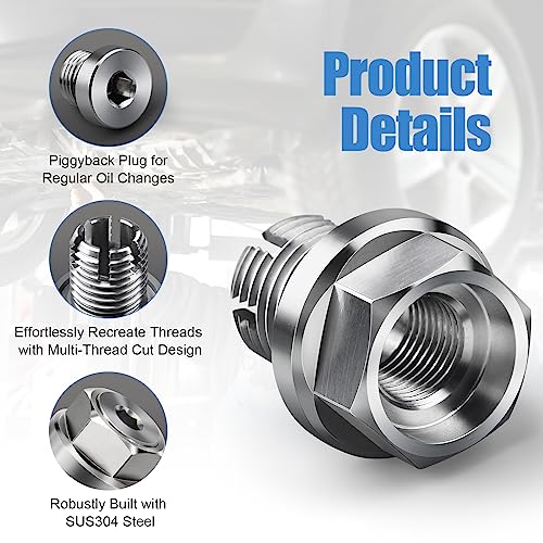 OxyGenie M12.1-1.75 x 15mm Oversize Piggyback Oil Drain Plug, Stainless Steel Self Tapping Oil Pan Thread Repair Kit - Image 4