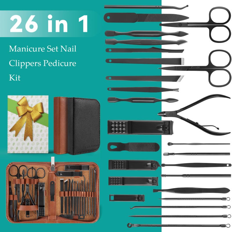 LUCK AROUND Manicure Set, Professional Nail Clippers Pedicure Kit 26 Pieces Nail Care Tools for Travel & Grooming (Black) - Image 2