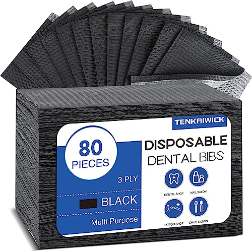 TENKAIWICK 80 Pack Disposable Dental Bibs 13"x18", 3-Ply Waterproof Tattoo Bibs Sheet for Nail Salon, Dental Clinic, Feeding, Tattoo Shop (Black) - Image 1