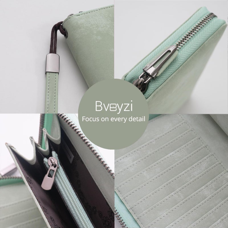 Bveyzi Women RFID Blocking Wallet Leather Zip Around Phone Clutch Large Capacity Ladies Travel Purse Wristlet (Sage Green) - Image 2