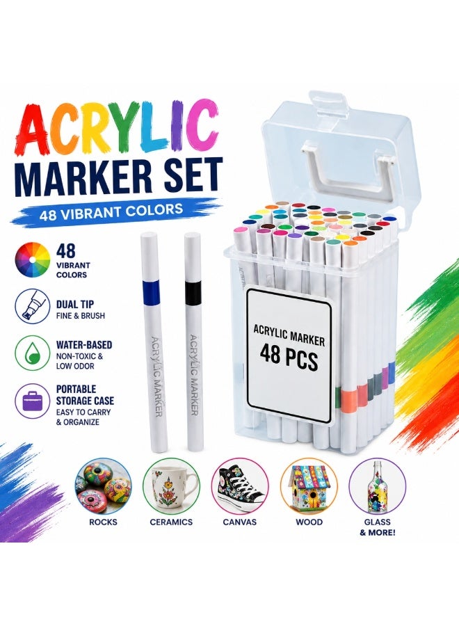 48 Pcs - Color Acrylic Paint Marker Set, Portable Bucket Design, Art Supplies for Drawing, Painting, Marking, Coloring, Drafting, Suitable for Plastic, Glass, Ceramic, Cardboard, Leather Surfaces, Ideal Gift for Artists & Students - Image 1