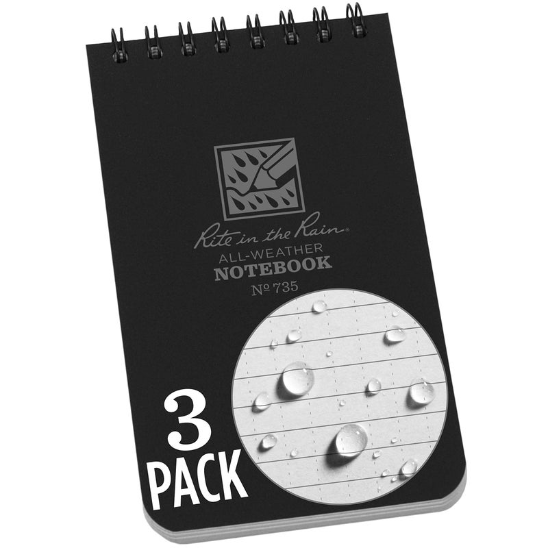 Rite in the Rain Weatherproof Top Spiral Notebook, 3" x 5", Black Cover, Universal Pattern, 3 Pack (No. 735-3) - Image 1