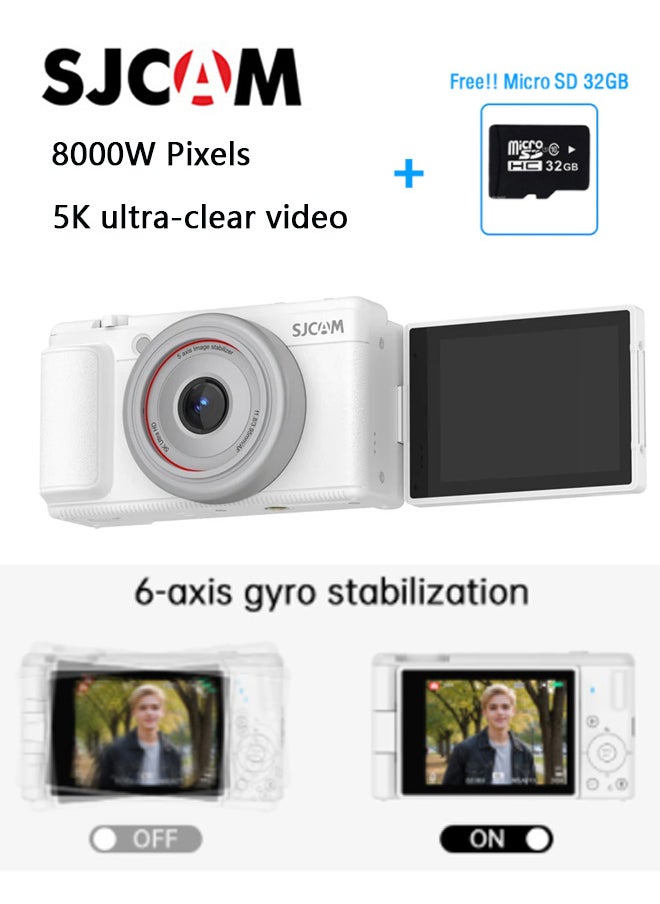 أس جي كام كاميرا رقمية ZV200 5K، بدقة 80 ميجابكسل مع شاشة 2.8 بوصة دوارة 360 درجة، تركيز تلقائي F1.8، فيديو 5K/30 إطارًا في الثانية، كاميرا سفر محمولة لمنشئي الفيديو، مع بطاقة Micro SD سعة 32 جيجابايت  - Image 1