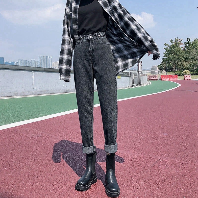 Korean Style Waist Adjustable Straight Jeans Female Students High Waist Torre Pants Loose Slimming Cropped Carrot Harem Pants - Image 1