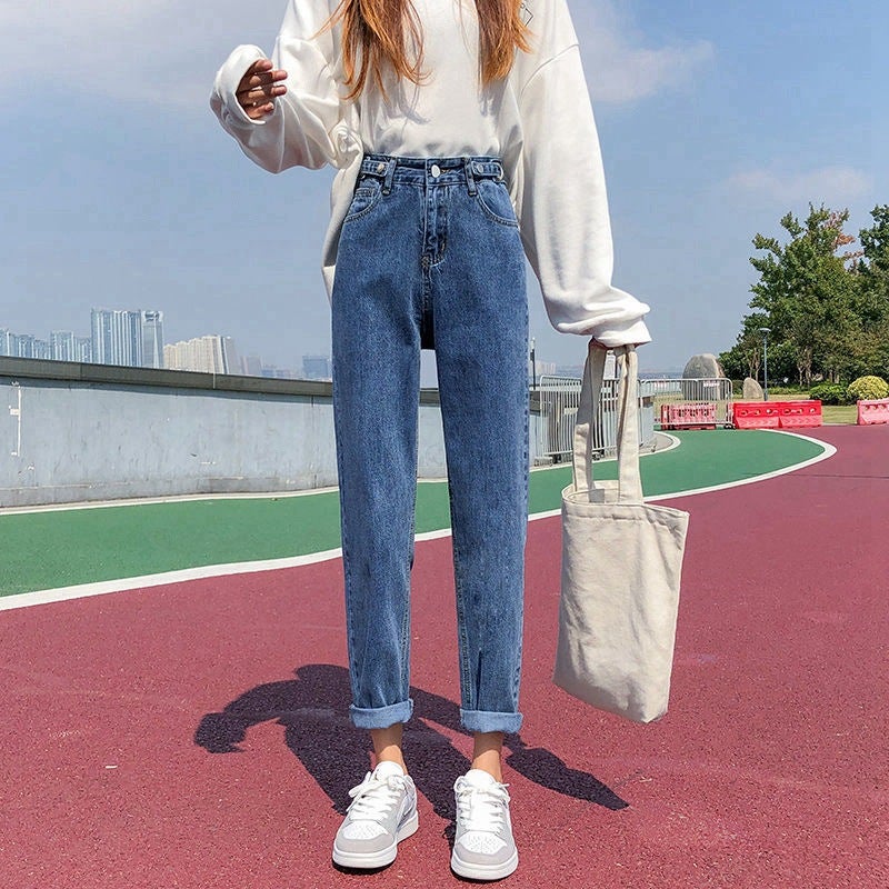 Korean Style Waist Adjustable Straight Jeans Female Students High Waist Torre Pants Loose Slimming Cropped Carrot Harem Pants - Image 3
