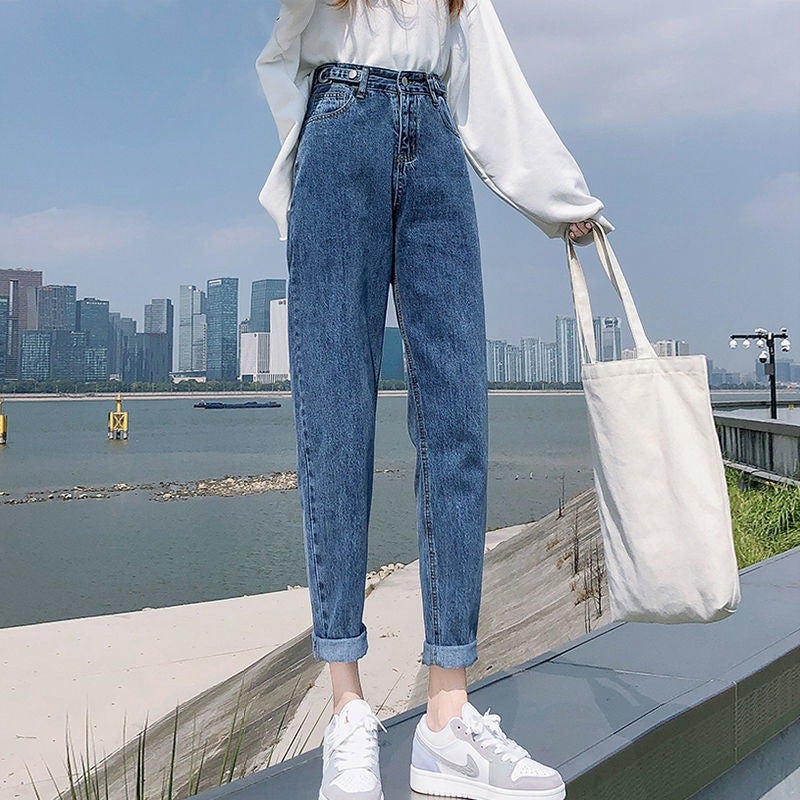 Korean Style Waist Adjustable Straight Jeans Female Students High Waist Torre Pants Loose Slimming Cropped Carrot Harem Pants - Image 5