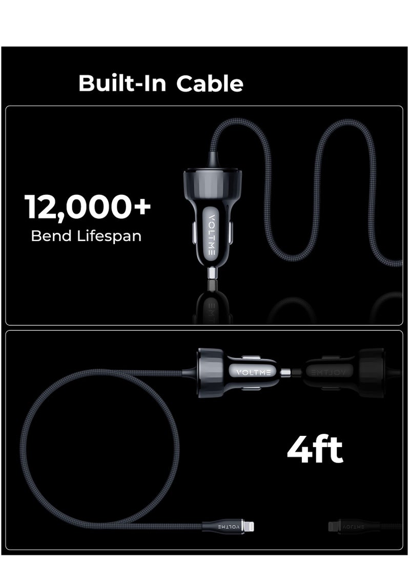 VOLTME - PD 49W Car Charger with 2 USB-C Ports and Built-in 1.2m/4ft Lightning Cable, USB-A Port Supports QC 3.0 Fast Charging, Equipped with Smart Chip and LED Indicator, Ultra-Small and Heat-Resistant Design, Compatible with iPhone 16/15/14, Galaxy S25/24, Pixel 8, OnePlus, Xiaomi, Oppo, Vivo, iPad, Huawei, Realme and More Devices - Image 1