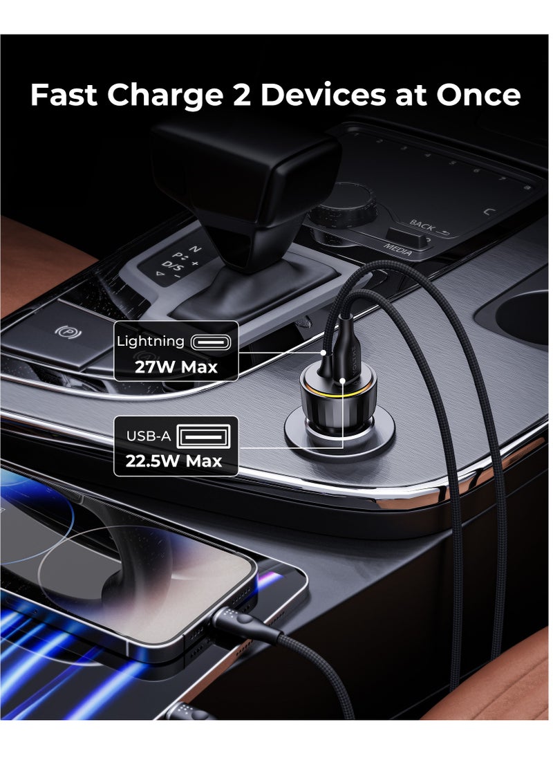 VOLTME - Dual USB-C Car Charger PD 49.5W, Fast Charging with Built-in (4ft) Lightning Cable for iPhone 14/13/12/11 Series, USB-A QC Port Charger for iPhone 16 Pro/16 Pro Max, iPhone 15 Series, Galaxy S24/S23/S22/S21, iPad Pro 6/Air 5, and More. - Image 1