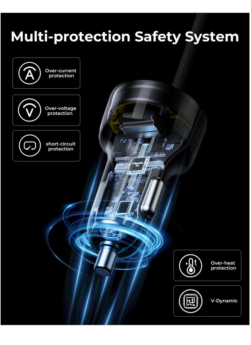 VOLTME - Dual USB-C Car Charger PD 49.5W, Fast Charging with Built-in (4ft) Lightning Cable for iPhone 14/13/12/11 Series, USB-A QC Port Charger for iPhone 16 Pro/16 Pro Max, iPhone 15 Series, Galaxy S24/S23/S22/S21, iPad Pro 6/Air 5, and More. - Image 1