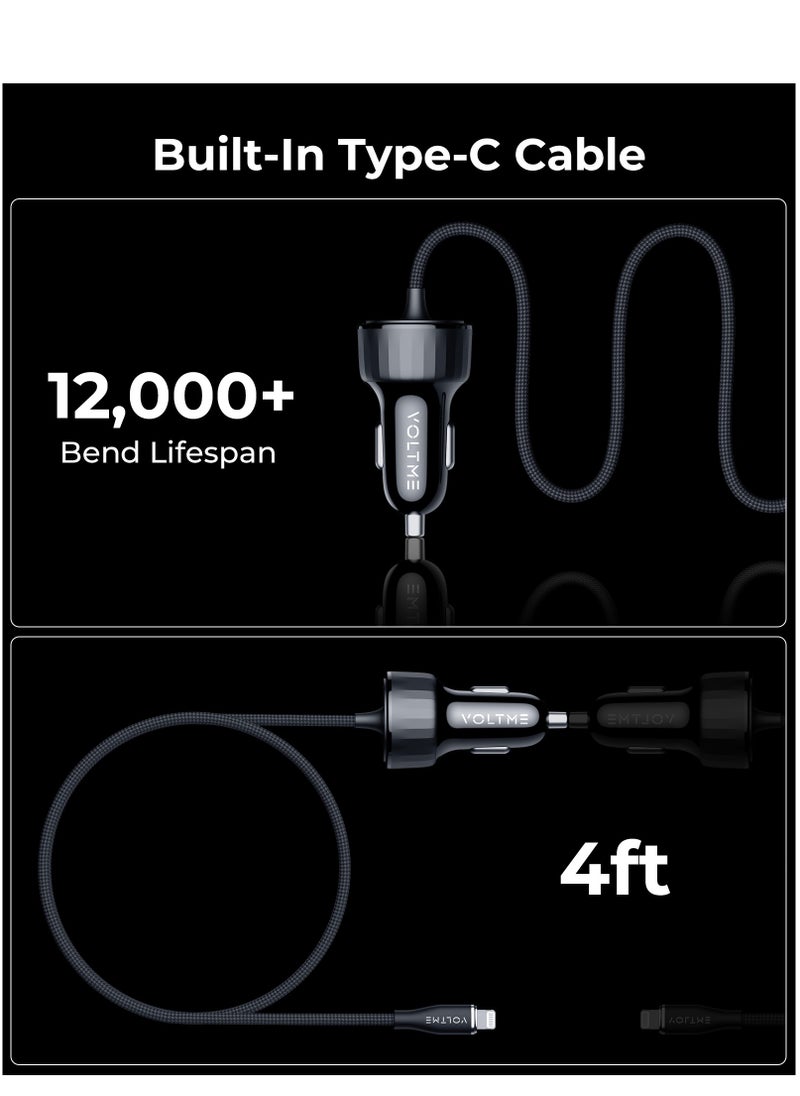 VOLTME - Dual USB-C Car Charger PD 49.5W, Fast Charging with Built-in (4ft) Lightning Cable for iPhone 14/13/12/11 Series, USB-A QC Port Charger for iPhone 16 Pro/16 Pro Max, iPhone 15 Series, Galaxy S24/S23/S22/S21, iPad Pro 6/Air 5, and More. - Image 1