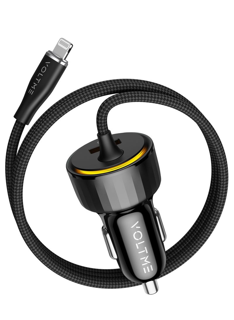 VOLTME - Dual USB-C Car Charger PD 49.5W, Fast Charging with Built-in (4ft) Lightning Cable for iPhone 14/13/12/11 Series, USB-A QC Port Charger for iPhone 16 Pro/16 Pro Max, iPhone 15 Series, Galaxy S24/S23/S22/S21, iPad Pro 6/Air 5, and More. - Image 1