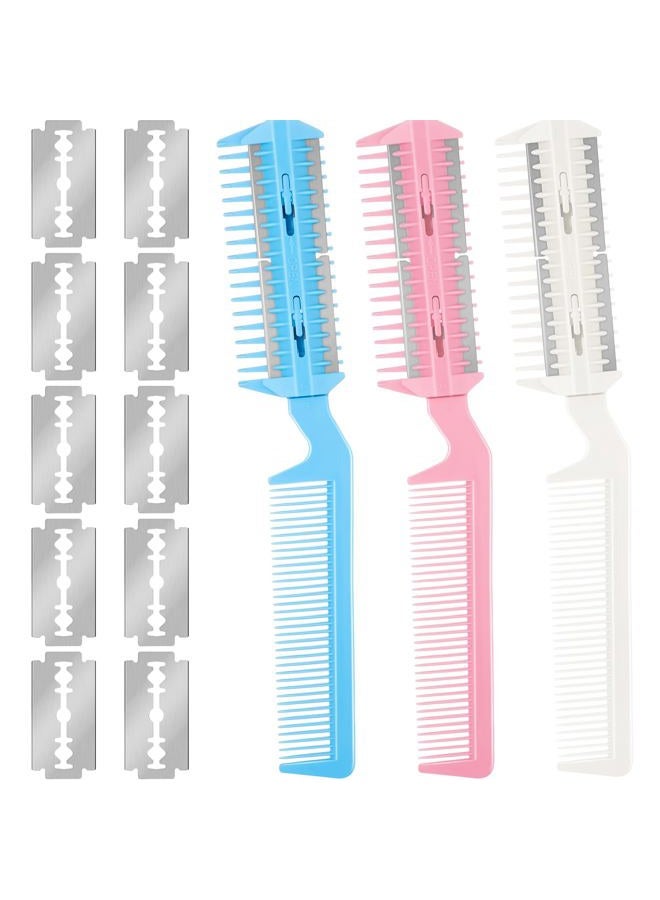 Maitys 3 Pcs Razor Comb with 10 Pcs Razors, Hair Cutter Comb Cutting Scissors, Double Edge, Slim Haircuts Tool - Image 1