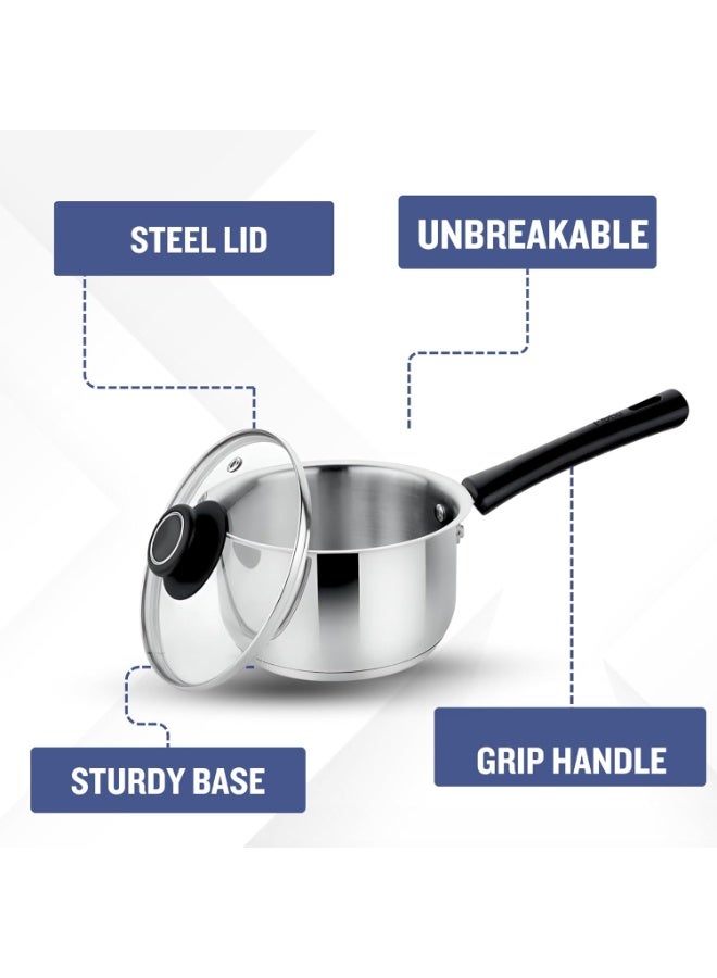 Prabha Sauce Pan with Lid 1.2 Liters 14cm | Induction Base Sauce Pan for Tea | Heavy Gauge Encapsulated Base Induction Bottom Deep Sauce Pan Stainless Steel Tea Pan, Milk Pan, Milk Boiler with Handle - Image 4