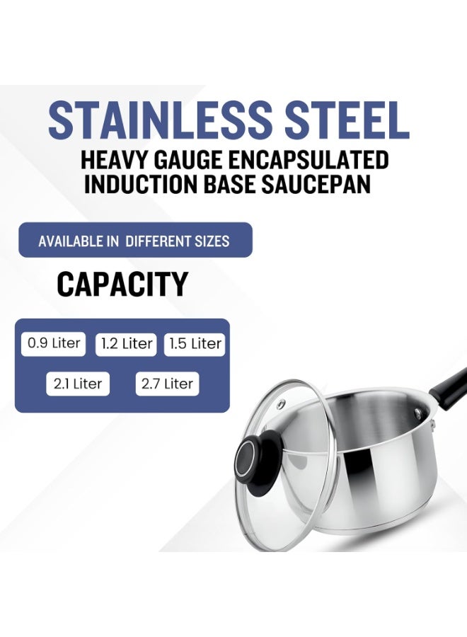 Prabha Sauce Pan with Lid 1.2 Liters 14cm | Induction Base Sauce Pan for Tea | Heavy Gauge Encapsulated Base Induction Bottom Deep Sauce Pan Stainless Steel Tea Pan, Milk Pan, Milk Boiler with Handle - Image 2