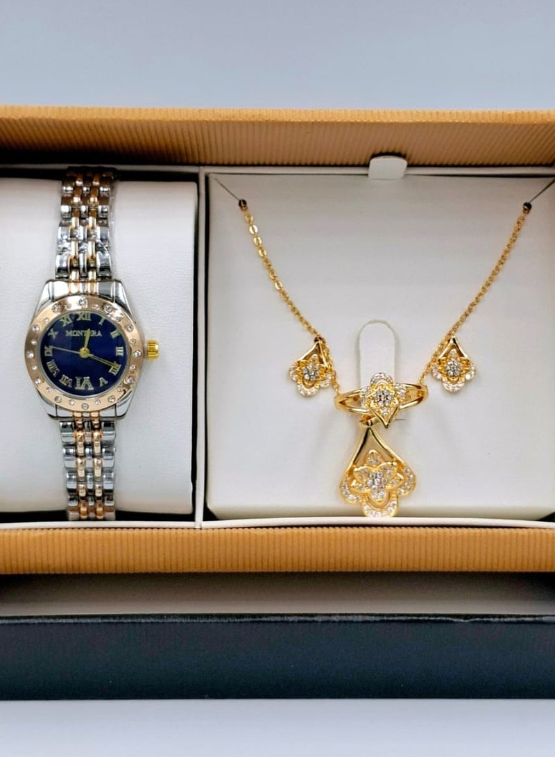 مونتيرا طقم ساعة يد بعقارب وطقم مكون من السلسال والحلق والخاتم للنساء