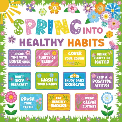Yewfold Spring Bulletin Board Decorations Healthy Habits Poster Spring Flower Cutouts with Butterfly and Plants for School Office Home Chalkboard Wall Door Decor - Image 1
