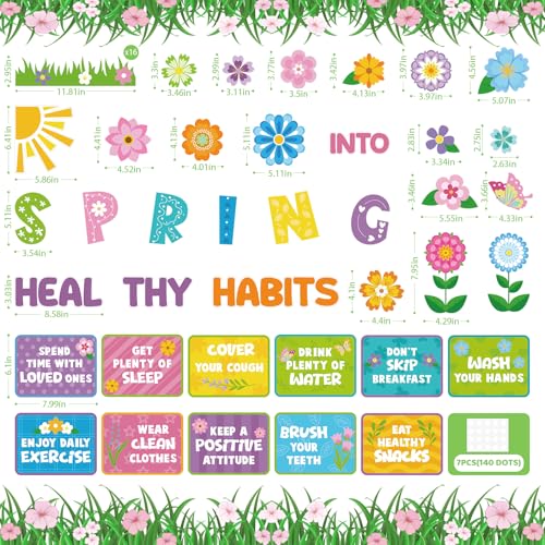 Yewfold Spring Bulletin Board Decorations Healthy Habits Poster Spring Flower Cutouts with Butterfly and Plants for School Office Home Chalkboard Wall Door Decor - Image 3