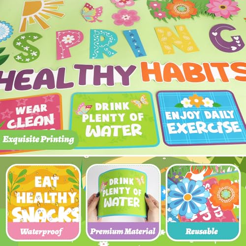 Yewfold Spring Bulletin Board Decorations Healthy Habits Poster Spring Flower Cutouts with Butterfly and Plants for School Office Home Chalkboard Wall Door Decor - Image 4