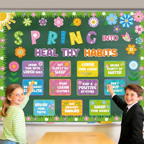 Yewfold Spring Bulletin Board Decorations Healthy Habits Poster Spring Flower Cutouts with Butterfly and Plants for School Office Home Chalkboard Wall Door Decor - Image 2