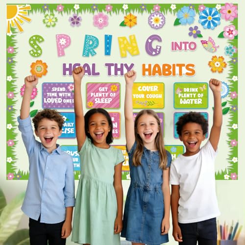 Yewfold Spring Bulletin Board Decorations Healthy Habits Poster Spring Flower Cutouts with Butterfly and Plants for School Office Home Chalkboard Wall Door Decor - Image 5