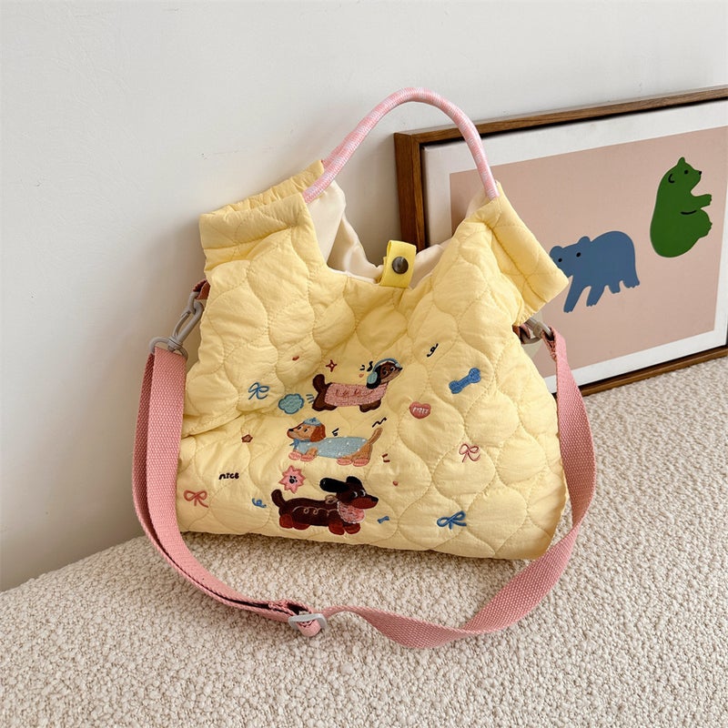 49272 Cartoon Embroidered Soft Cute Crossbody Bag Large Capacity Shoulder Handbag Quilted Cotton Commuter Handbag - Image 1