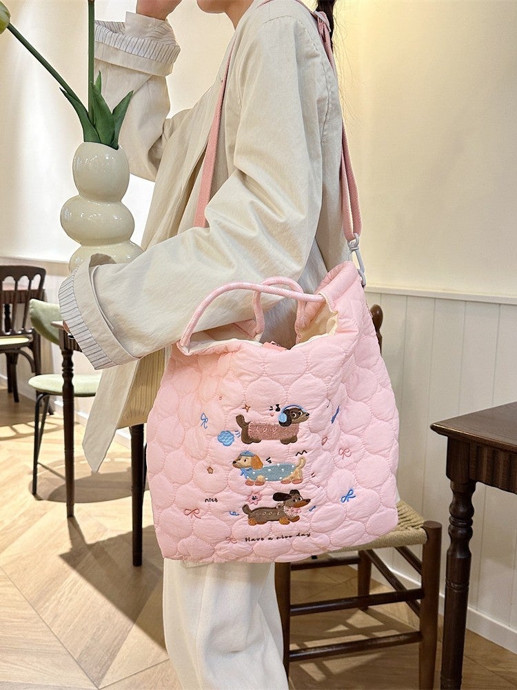 49272 Cartoon Embroidered Soft Cute Crossbody Bag Large Capacity Shoulder Handbag Quilted Cotton Commuter Handbag - Image 3