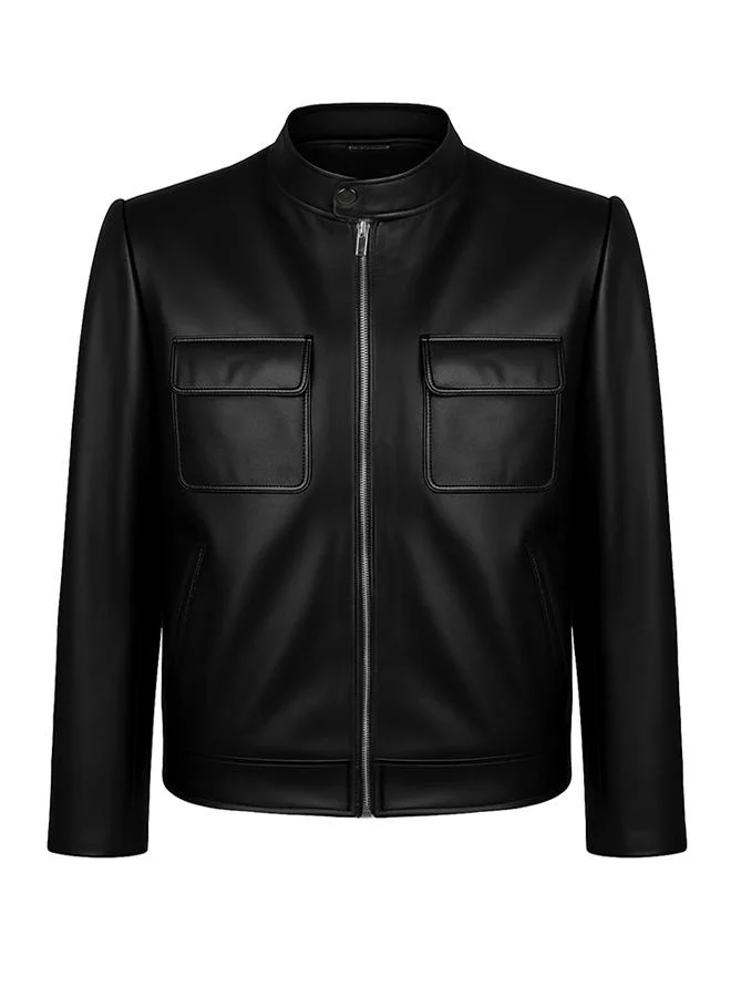فيليكس هاردي Genuine Leather Black High Neck Biker Jacket