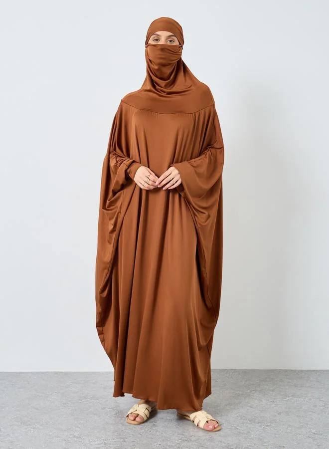 تايك تو Take Two Solid Batwing Sleeve Hooded Abaya