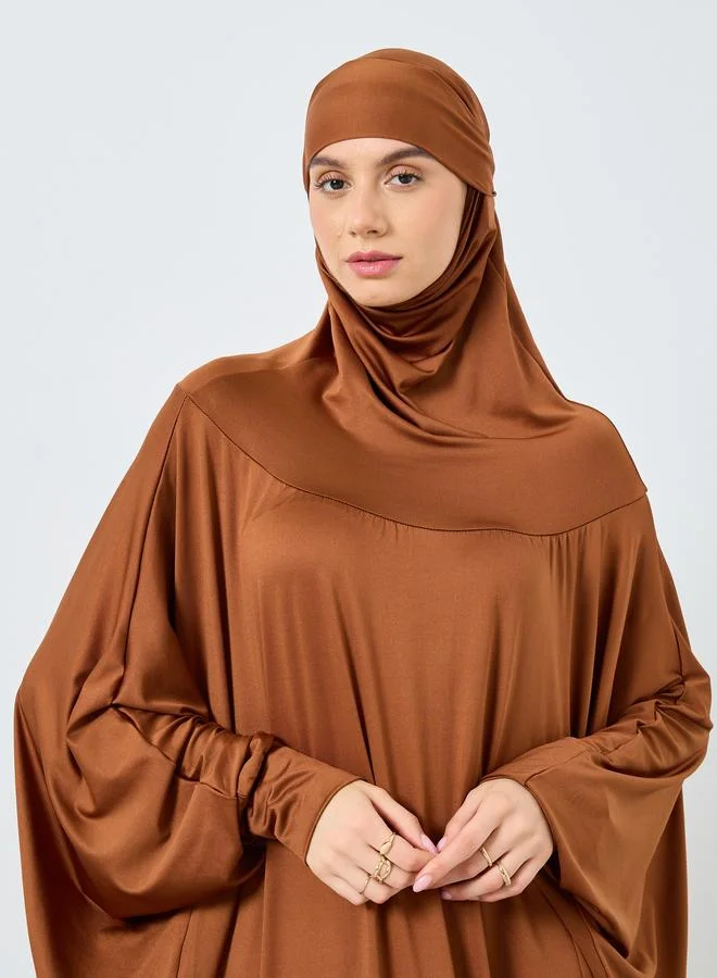 تايك تو Take Two Solid Batwing Sleeve Hooded Abaya