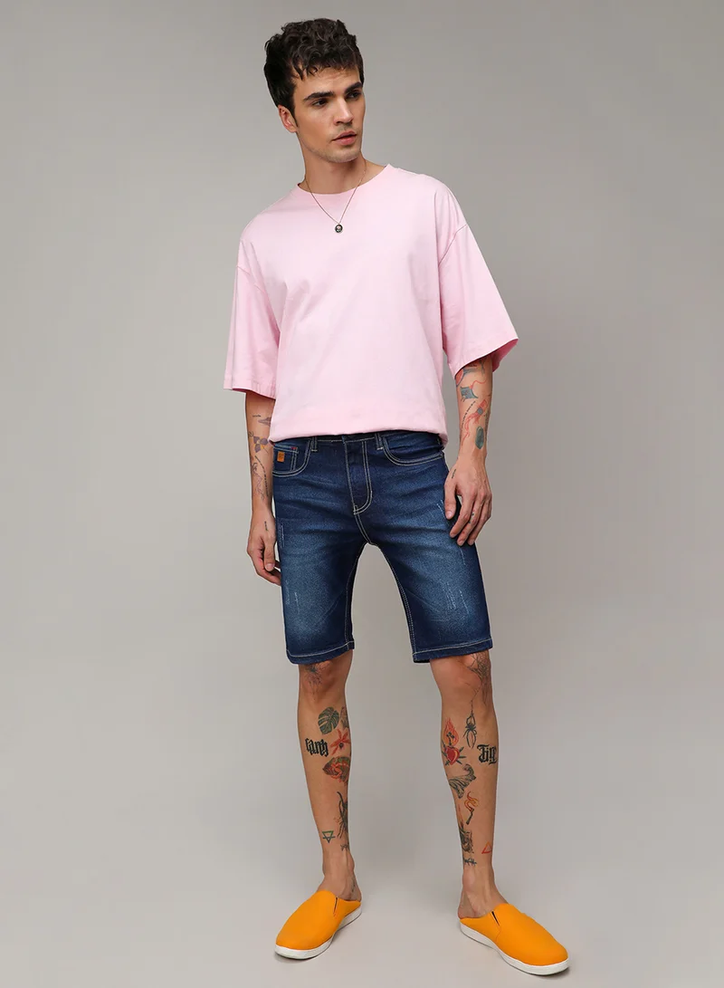 Campus Sutra Campus Sutra Men's Navy Blue Minimal Distressed Denim Shorts For Casual Wear | Dark-Wash | Regular Fit | Button Closure | Cotton Denim Shorts Crafted With Comfort Fit For Everyday Wear