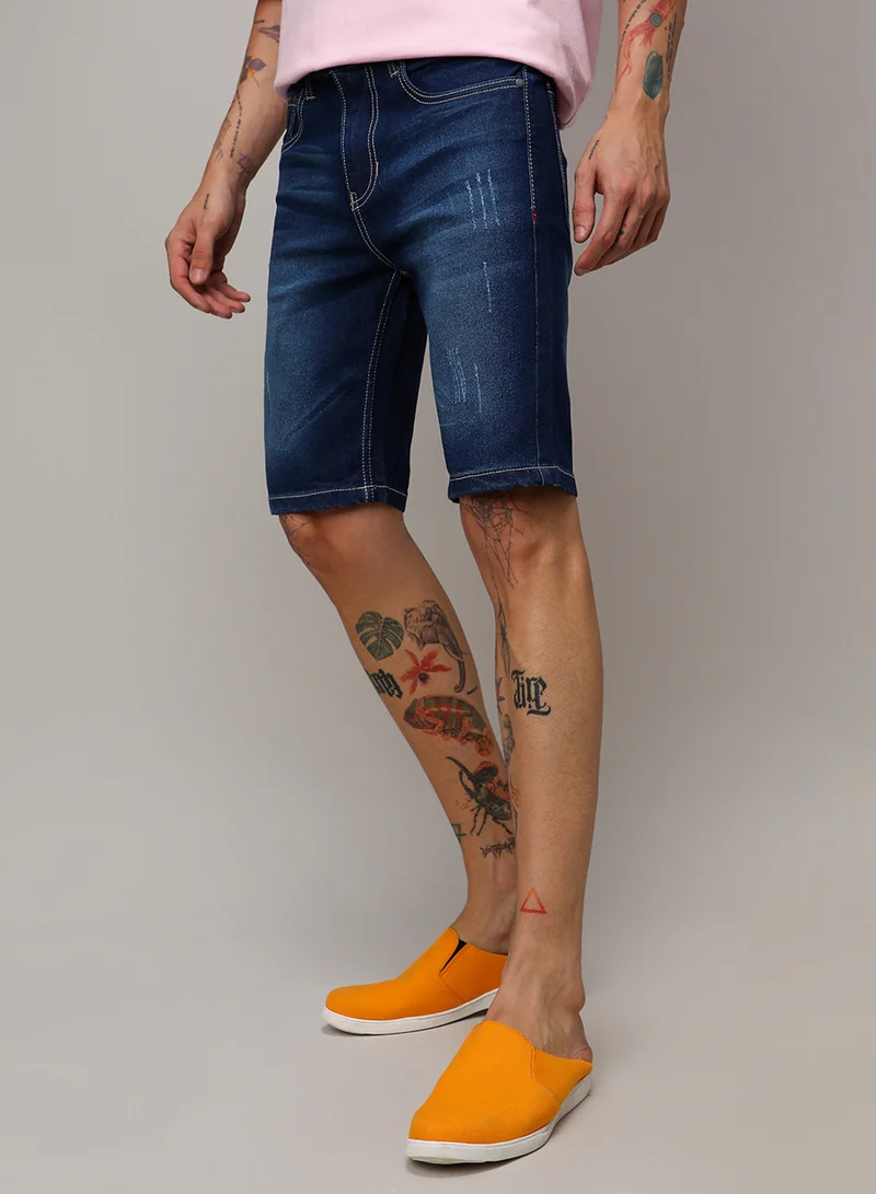 Campus Sutra Campus Sutra Men's Navy Blue Minimal Distressed Denim Shorts For Casual Wear | Dark-Wash | Regular Fit | Button Closure | Cotton Denim Shorts Crafted With Comfort Fit For Everyday Wear