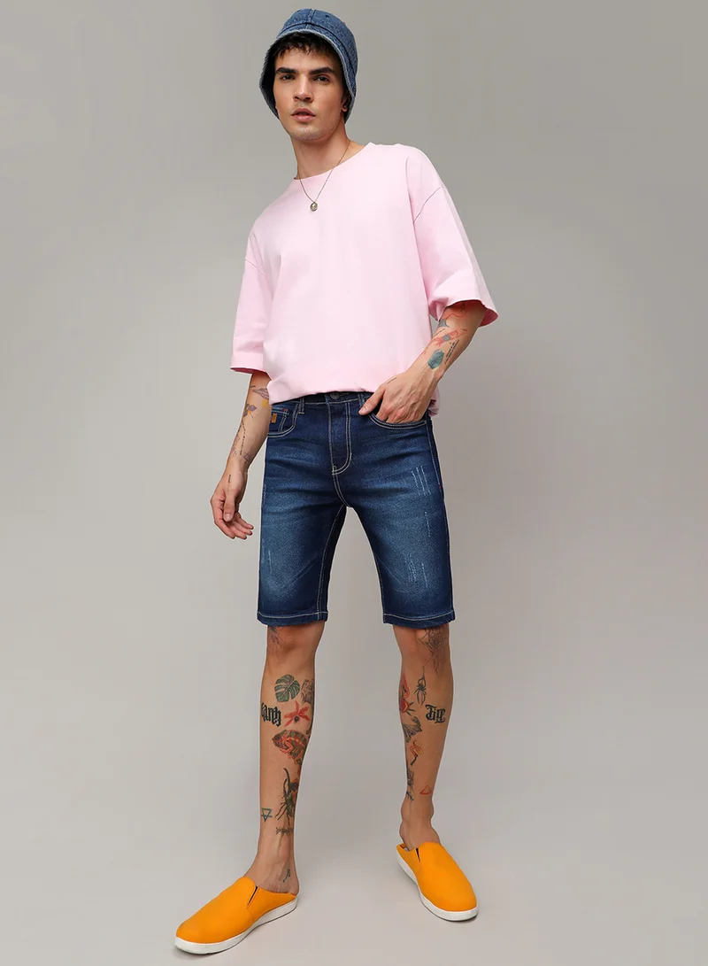 Campus Sutra Campus Sutra Men's Navy Blue Minimal Distressed Denim Shorts For Casual Wear | Dark-Wash | Regular Fit | Button Closure | Cotton Denim Shorts Crafted With Comfort Fit For Everyday Wear