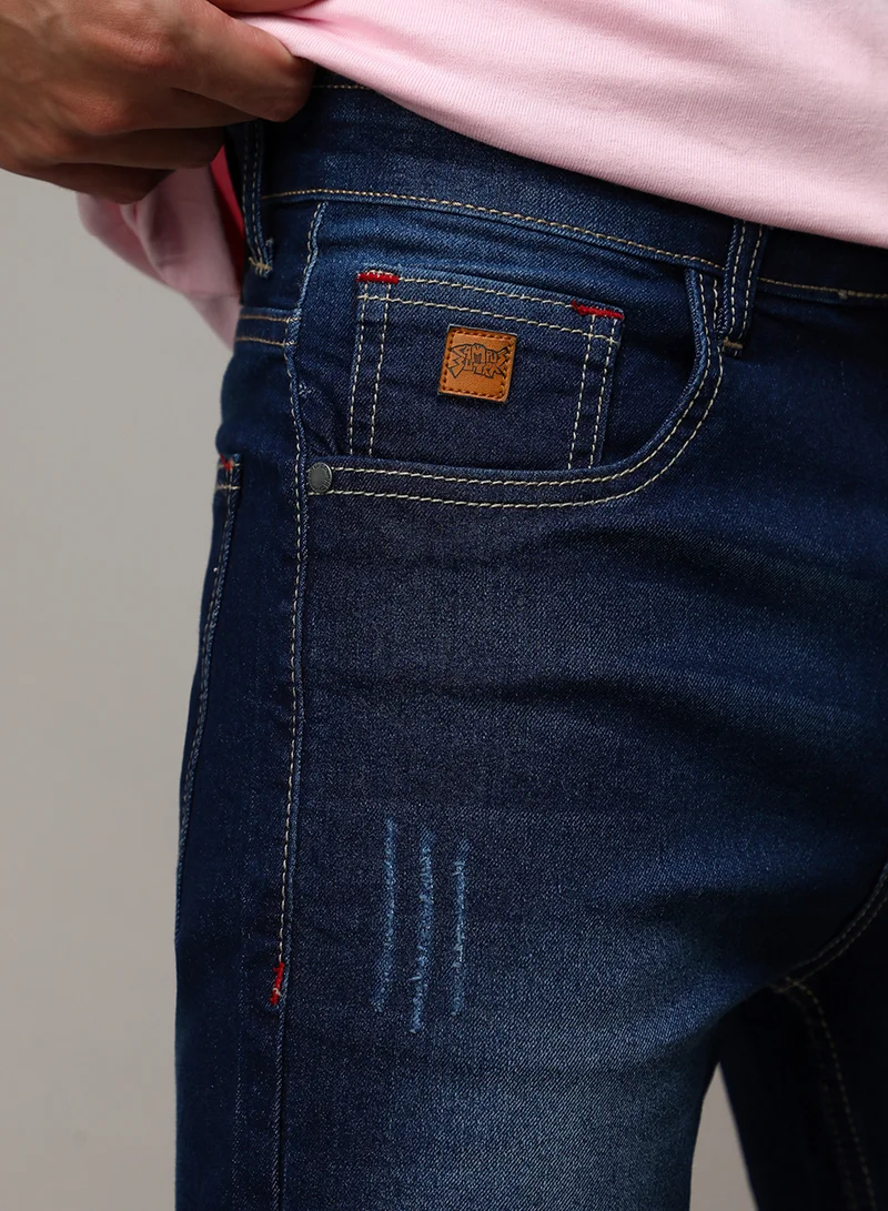 Campus Sutra Campus Sutra Men's Navy Blue Minimal Distressed Denim Shorts For Casual Wear | Dark-Wash | Regular Fit | Button Closure | Cotton Denim Shorts Crafted With Comfort Fit For Everyday Wear