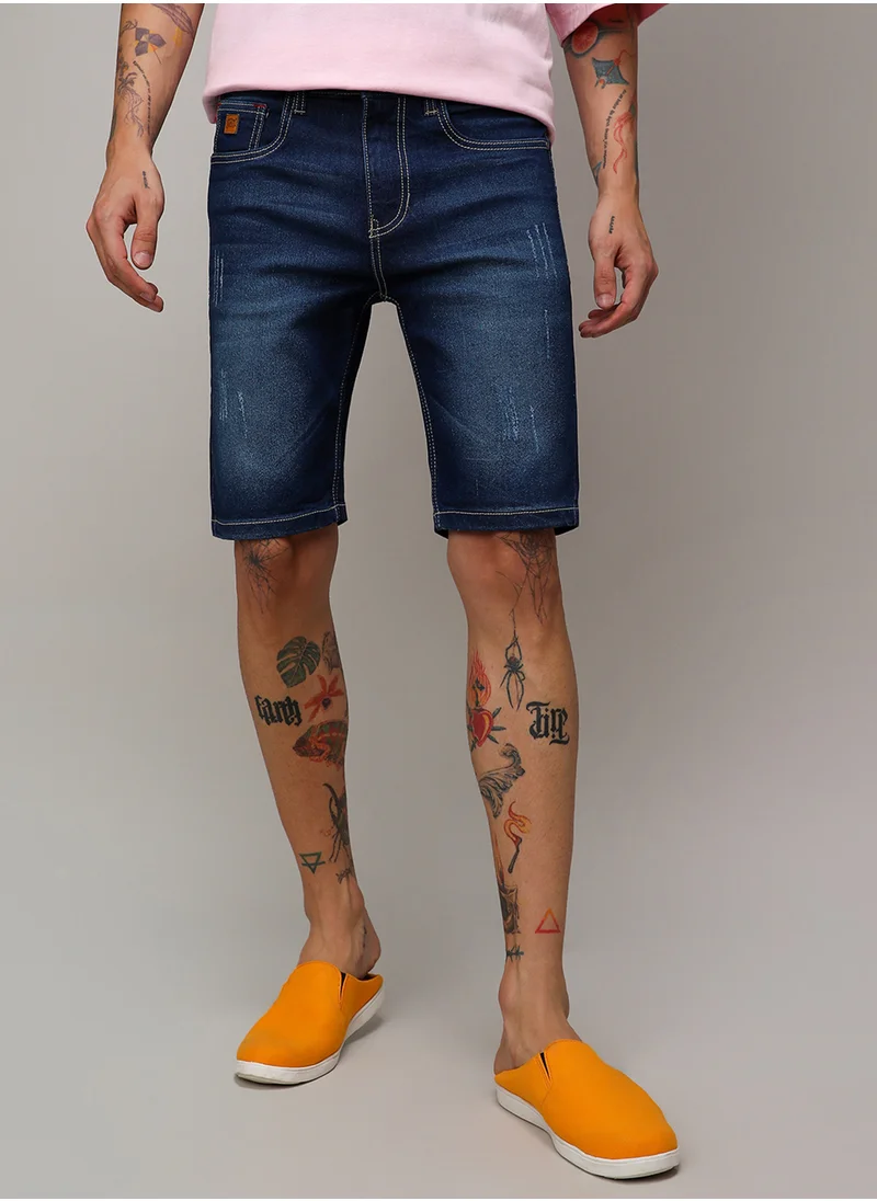 كامبوس سوترا Campus Sutra Men's Navy Blue Minimal Distressed Denim Shorts For Casual Wear | Dark-Wash | Regular Fit | Button Closure | Cotton Denim Shorts Crafted With Comfort Fit For Everyday Wear