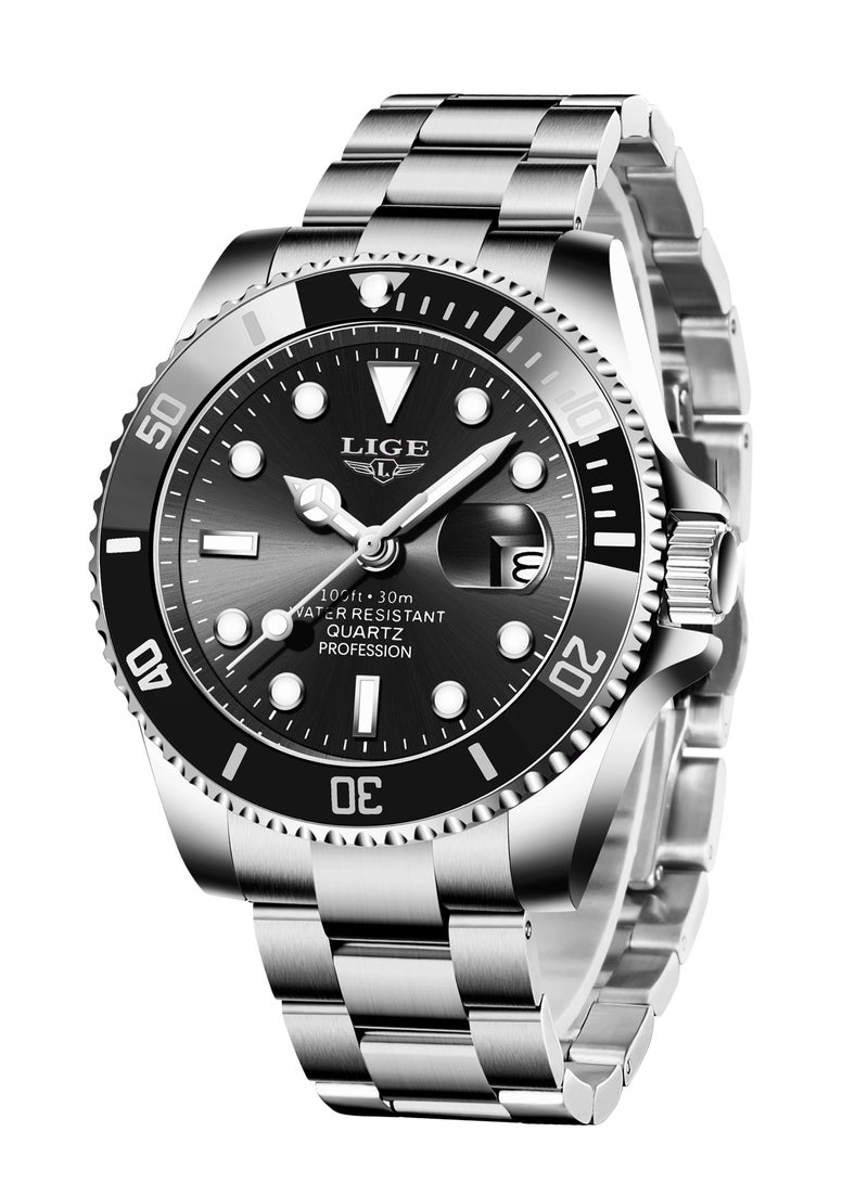 LIGE Men's Waterproof Alloy Case Stylish Steel Strap Analog Calendar Quartz Watches Submariner Black  - Image 1
