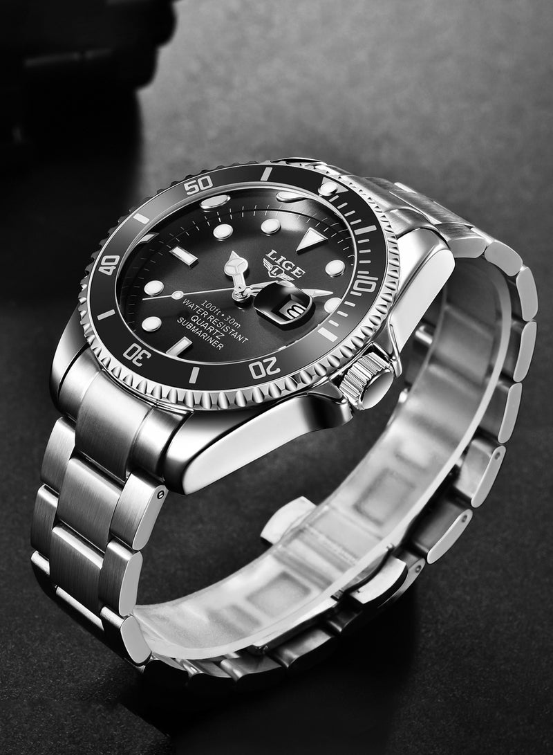 LIGE Men's Waterproof Alloy Case Stylish Steel Strap Analog Calendar Quartz Watches Submariner Black  - Image 2