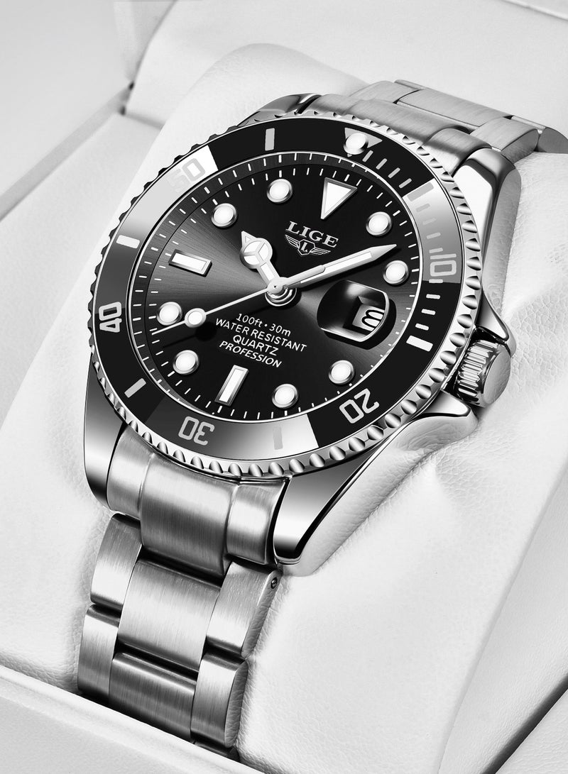 LIGE Men's Waterproof Alloy Case Stylish Steel Strap Analog Calendar Quartz Watches Submariner Black  - Image 3