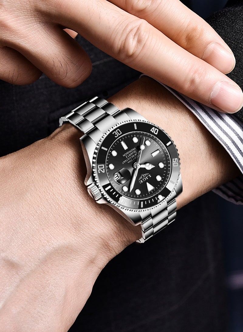 LIGE Men's Waterproof Alloy Case Stylish Steel Strap Analog Calendar Quartz Watches Submariner Black  - Image 4