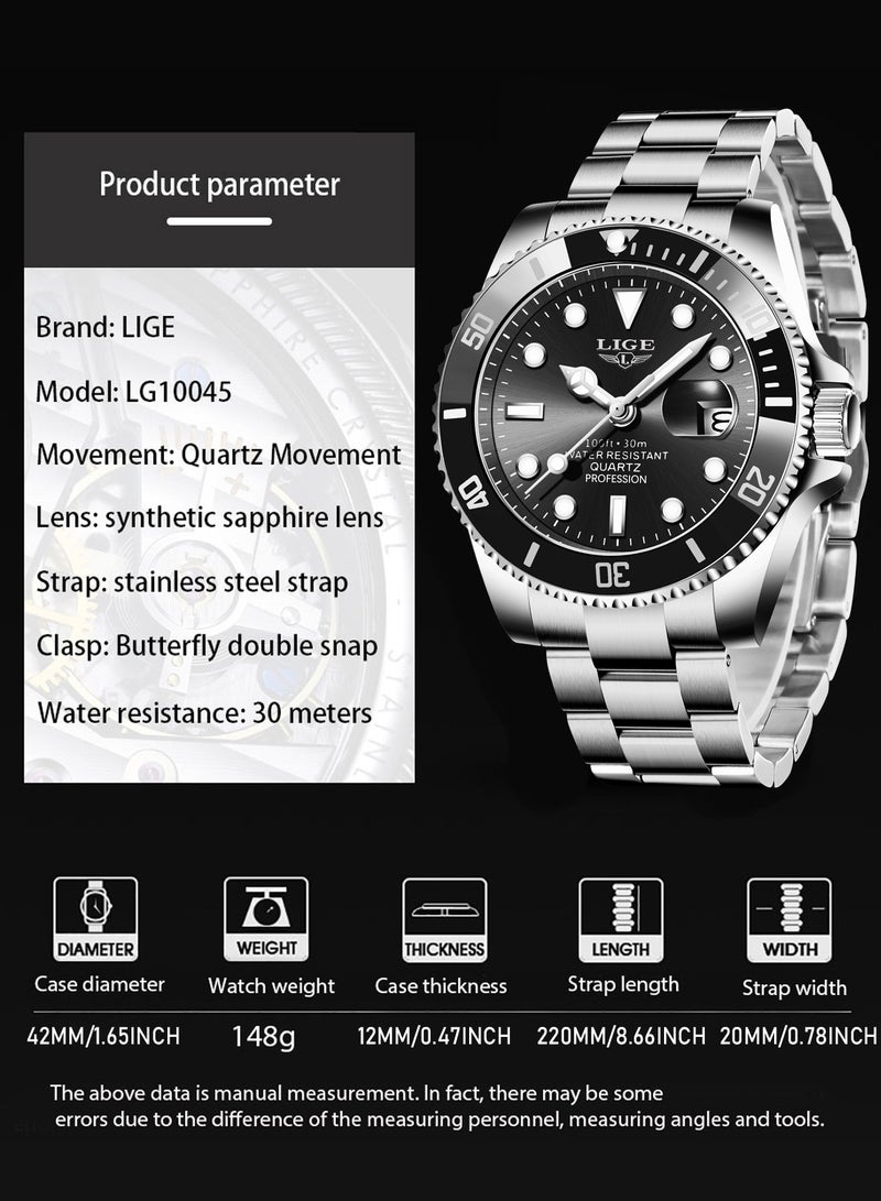 LIGE Men's Waterproof Alloy Case Stylish Steel Strap Analog Calendar Quartz Watches Submariner Black  - Image 5