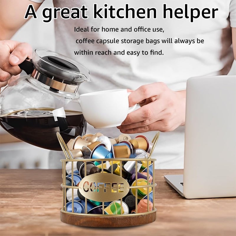 Fving Coffee Pods Holder for Countertop, K Cup Holder Organizer, Sturdy Kcup Storage Basket with Wooden Base , Pod Container For Kitchen Bar Counter Office Desktop (Gold) - Image 3